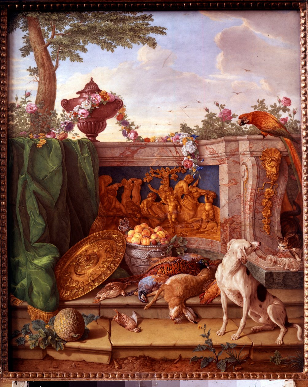 Ludvig XVI:n (1754-1793) metsästystä kuvaava laatta: yksityiskohta koiranhoitoriistasta. Jean Baptiste Oudryn (1686-1755) maalaus posliinille Philippe Castel (n. 1746-1797) 1778-1781 Sun. 0,39x0,49 m Versailles, musee du chateau. tekijältä Jean Baptiste (after) Oudry