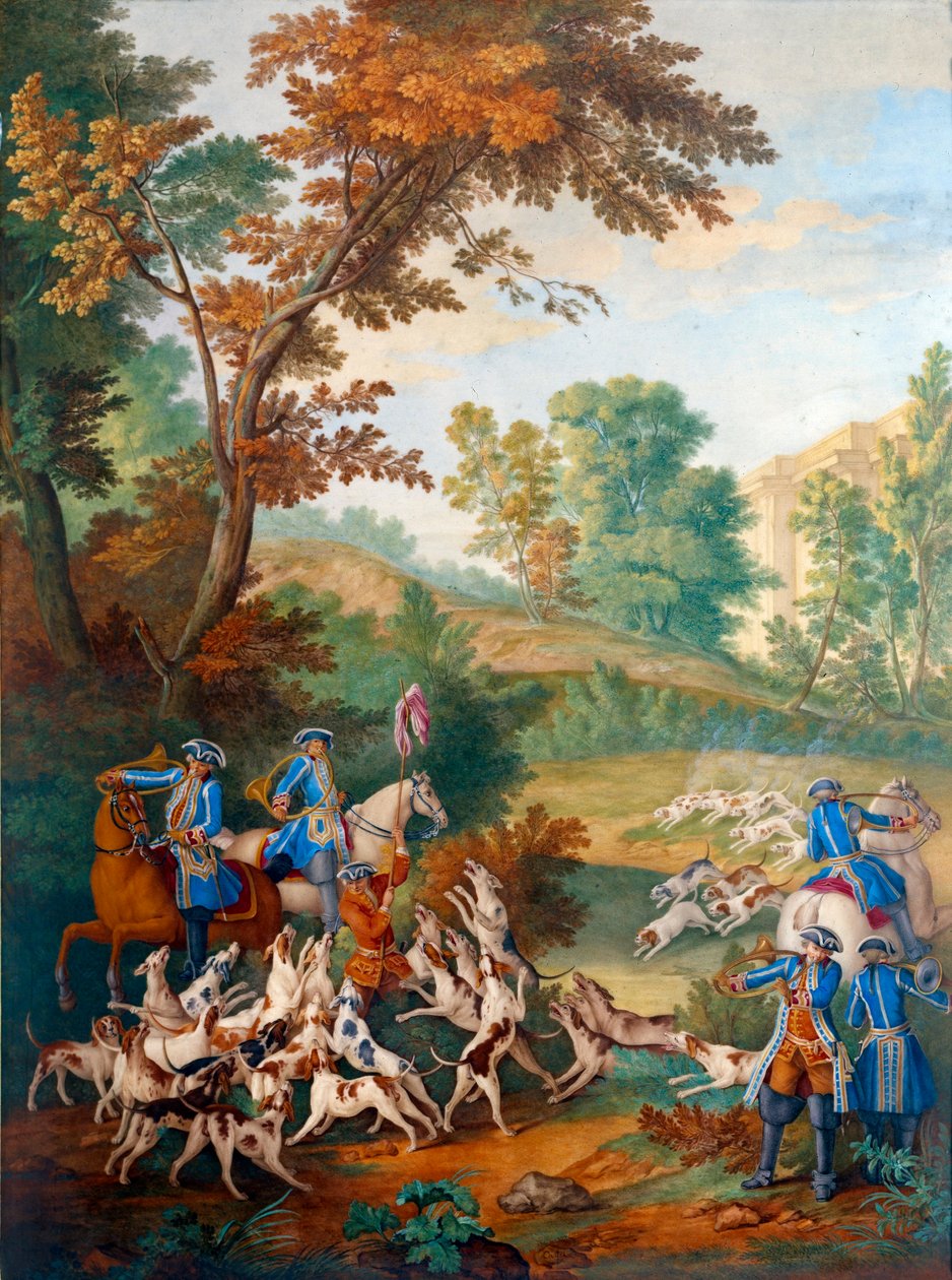 Ludvig XVI:n (1754-1793) metsästystä kuvaava laatta: "" Nuorten koirien pieni hoito tai foorumi hoitojakson lopussa"" Jean Baptiste Oudryn (n. 1746-1797) maalaus posliinille. 1686-1755) 1778-1781 su. 0,39 x 0,49 m tekijältä Jean Baptiste (after) Oudry
