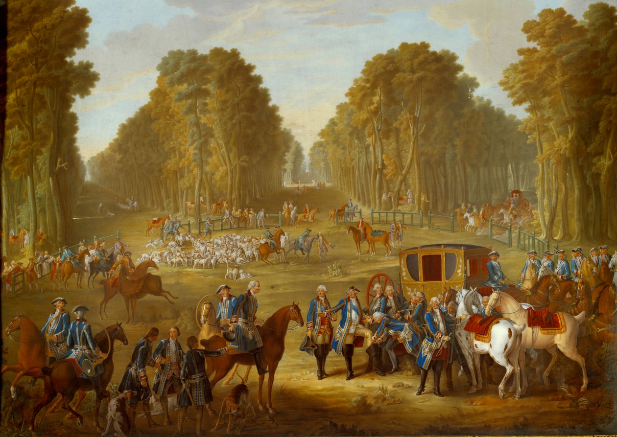 Kiltti, joka kuvaa Ludvig XVI:n metsästystä: tapaamista kaivon du Roi risteyksessä Compiegnen metsässä. Nicolas Pierre Pithou l