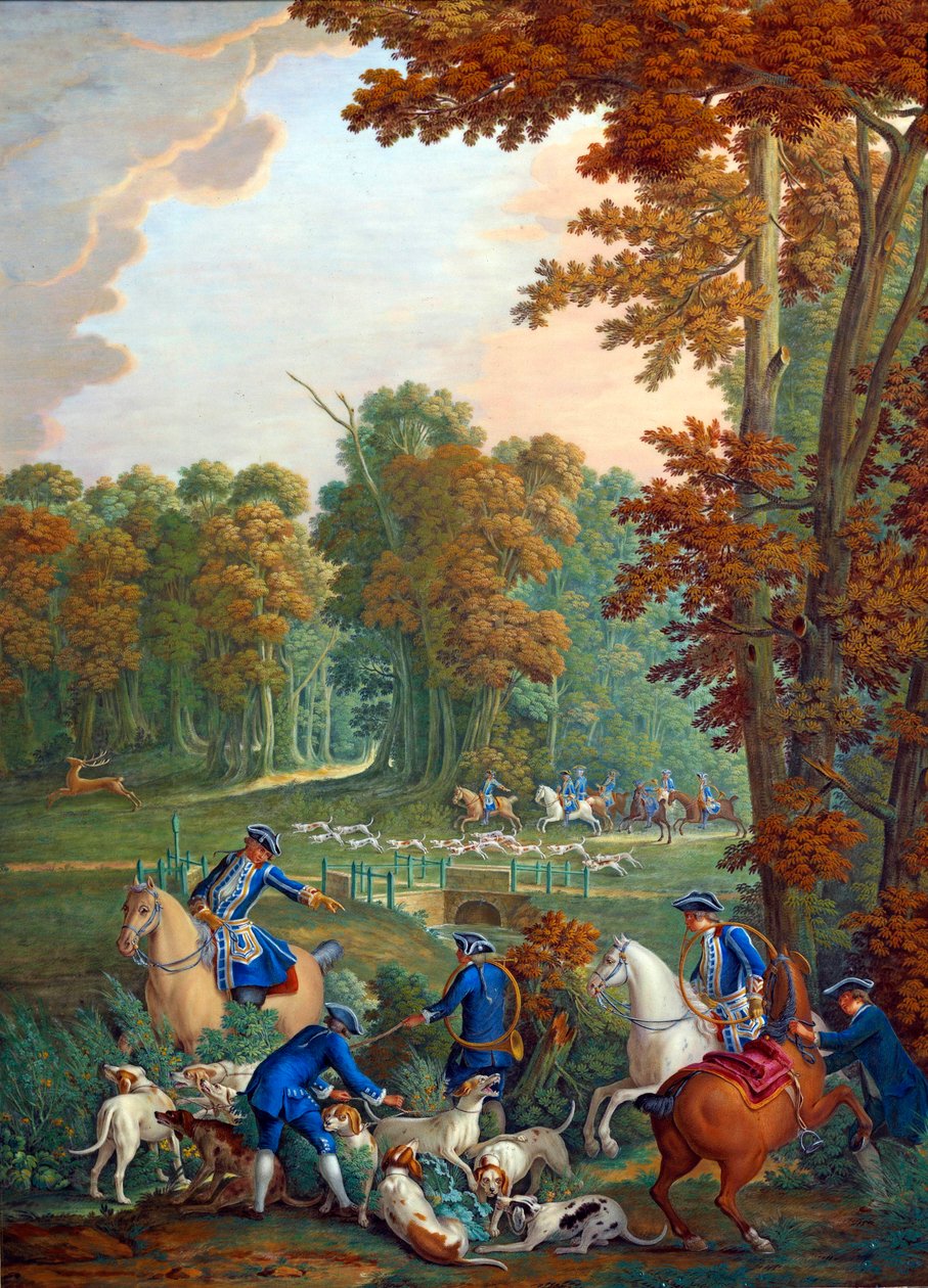 Muistolaatta, joka edustaa Louis XVI:n metsästystä: viesti lähetystön risteyksessä Compiegnen metsässä"" tai ""palvelija irrottaa vanhan lauman""". Charles Etienne Leguayn (1762-1846) posliinimaalaus, Jean Baptiste Oudry (1686-1755). Valmistettu tekijältä Jean Baptiste (after) Oudry