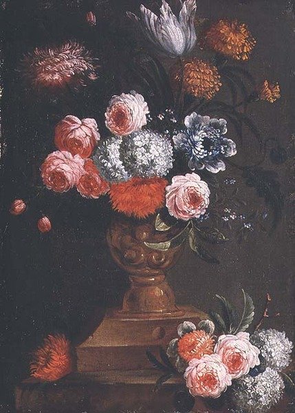 Tulppaanit, kehäkukka, Viburnum, unohtumattomat, ruusut ja muut kukat uurnassa tekijältä Jean Baptiste (attr. to) Bosschaert