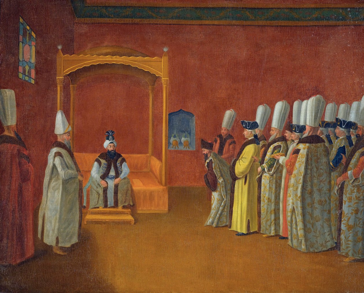 Sulttaani Ahmed III (Ahmet III) (1673-1736) Vanmour (Van Mour), Jean-Baptiste vastaanottaa Euroopan suurlähettilään valtuuskunnan Topkapin palatsissa tekijältä Jean Baptiste (circle of) Vanmour