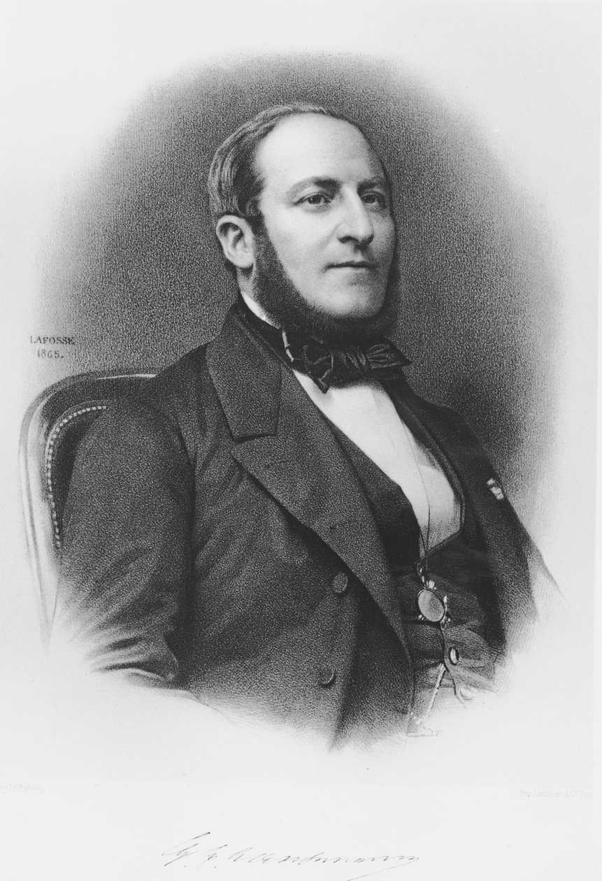 Paroni Georges Eugene Haussmannin (1809-91) muotokuva, 1865 (bw-kaiverrus) tekijältä Jean Baptiste Adolphe Lafosse