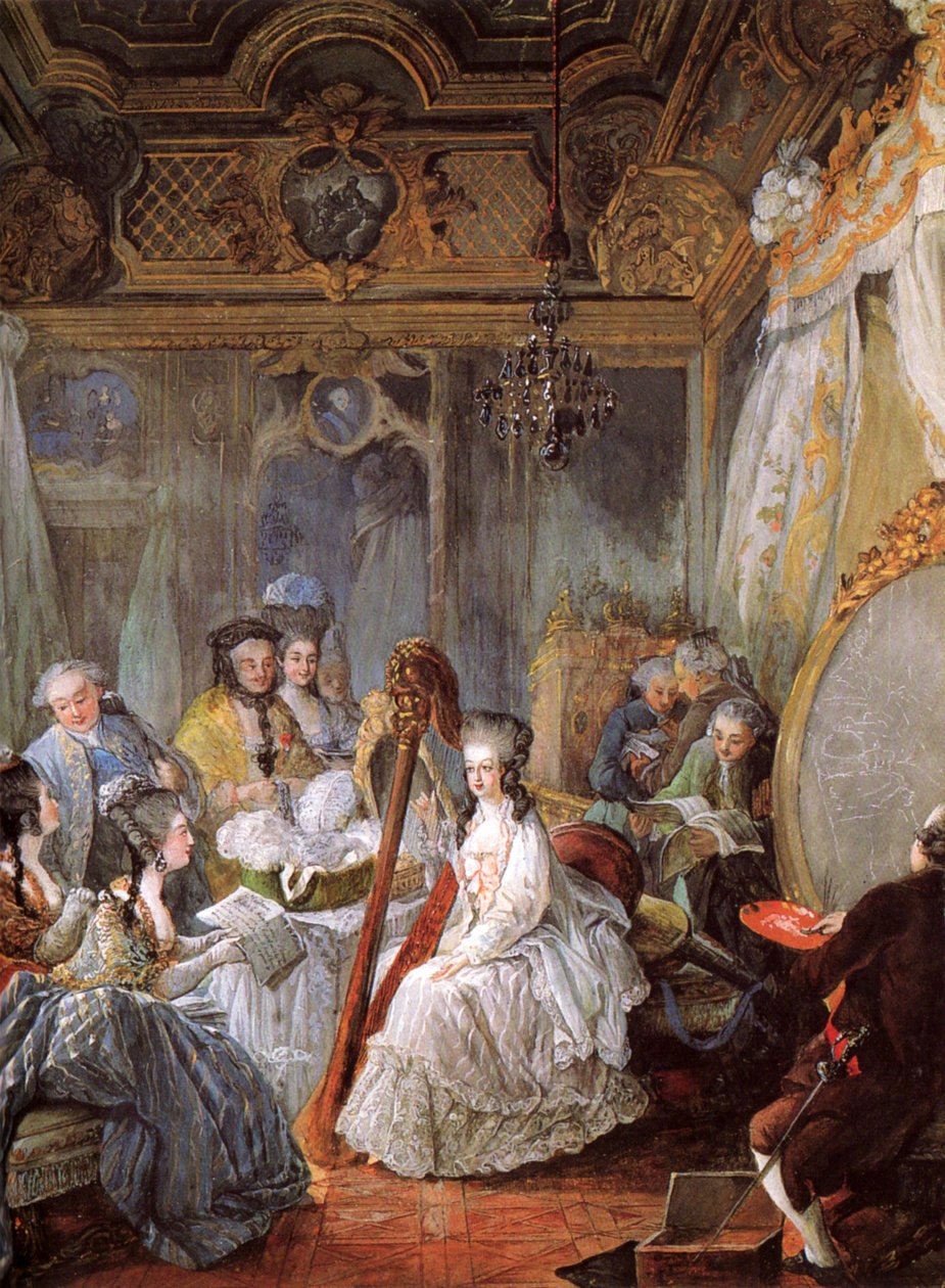 Ranska: Jean-Baptiste-André Gautier-Dagoty portraiturant la Reine dans sa chambre Marie Antoinette soittaa harppua Ranskan hovissa. tekijältä Jean Baptiste André Gautier Dagoty