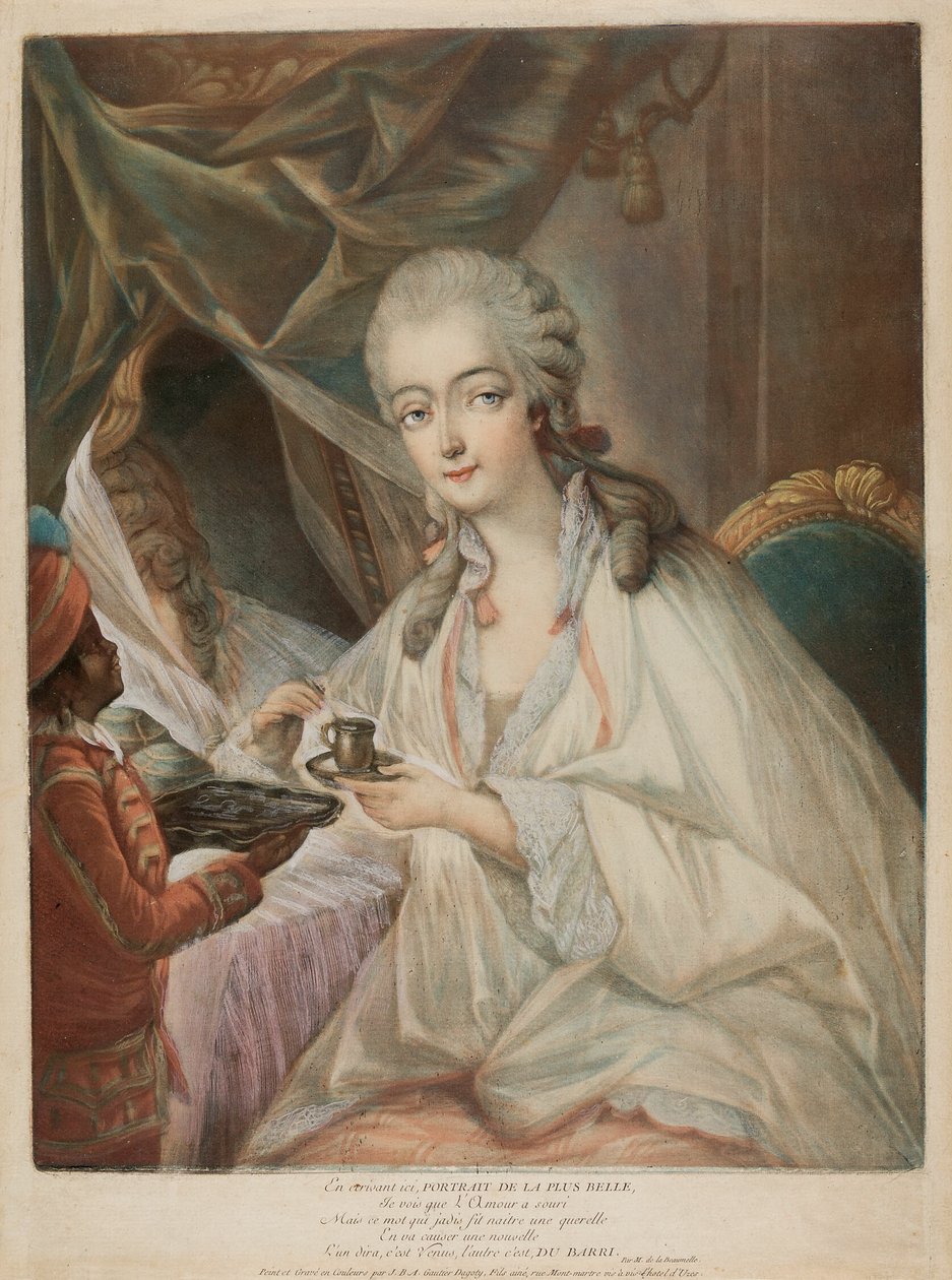 Jeanne Bécu, kreivitär Du Barry, ja hänen palvelijansa Zamor. tekijältä Jean Baptiste Andre Gautier D