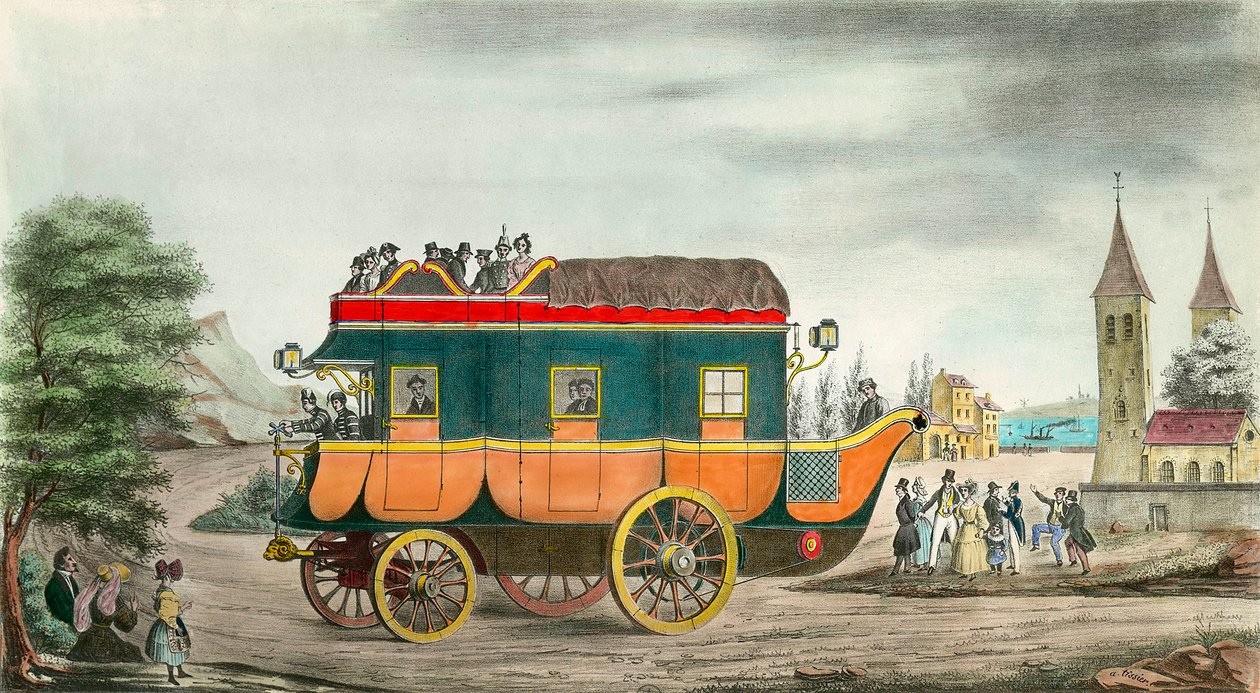 Autossa (tai ahkeruudessa) on höyryä: ranskalainen keksintö vuodelta 1835. Kaiverrus Ange Tissier (1814-1876). 1835. Yksityinen kokoelma tekijältä Jean Baptiste Ange Tissier
