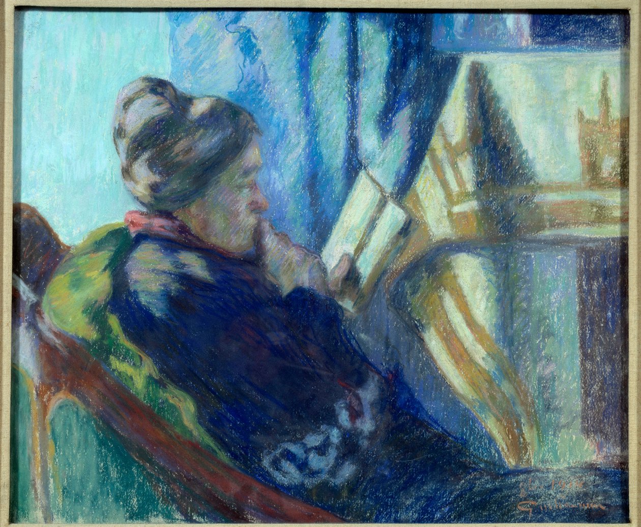 Lukeminen Vanha nainen lukee kirjaa tuolissaan. Jean Baptiste Armand Guillauminin (1841-1927) maalaus 1800-luvun Metz, Musee des Beaux Arts tekijältä Jean Baptiste Armand Guillaumin