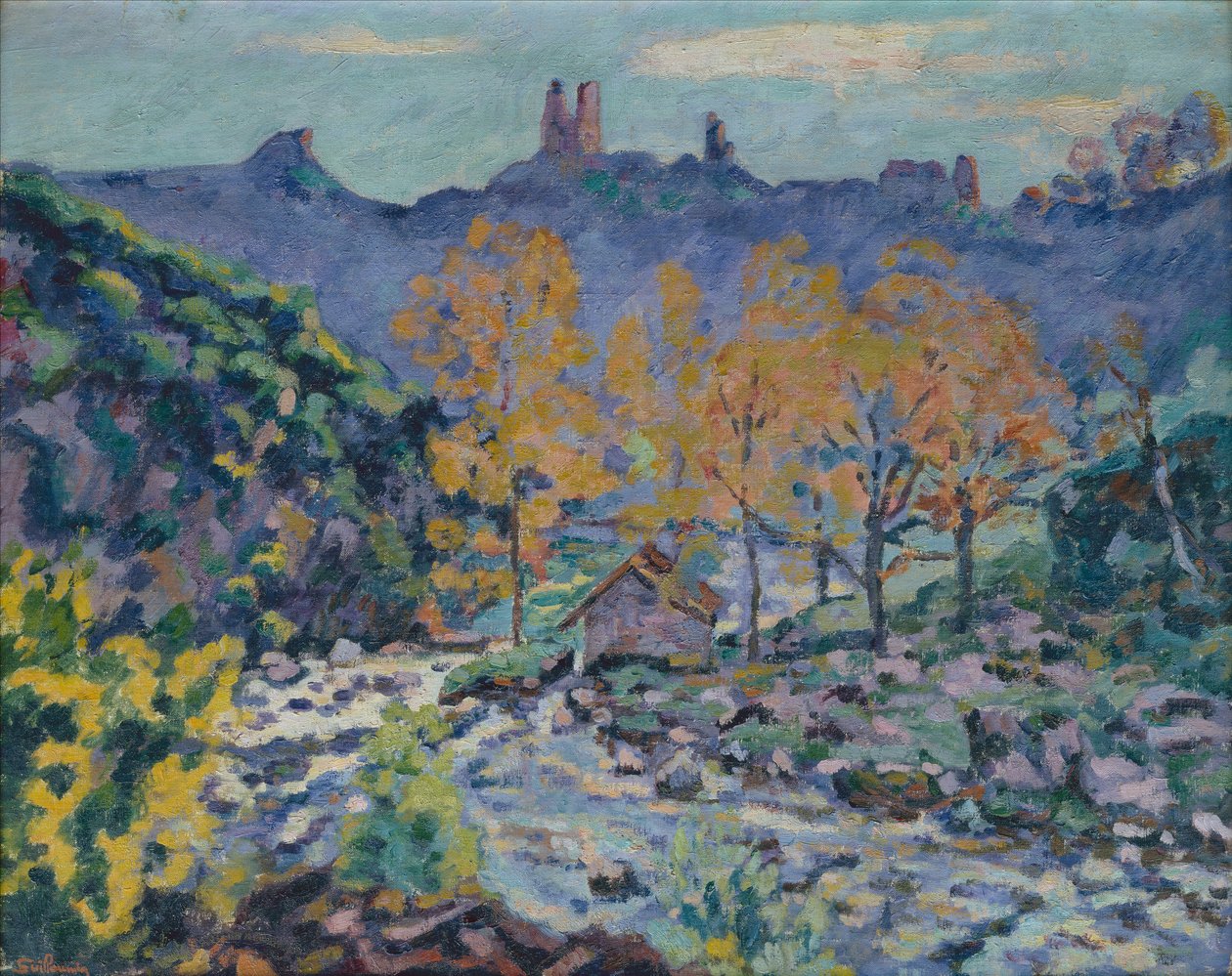 Brigandin mylly ja Crozantin linnan rauniot, Creuse, n. 1900 (öljy kankaalle) tekijältä Jean Baptiste Armand Guillaumin