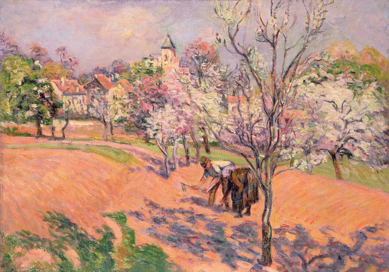Kaksi talonpoikaa kylvämässä papuja hedelmätarhaan tekijältä Jean Baptiste Armand Guillaumin