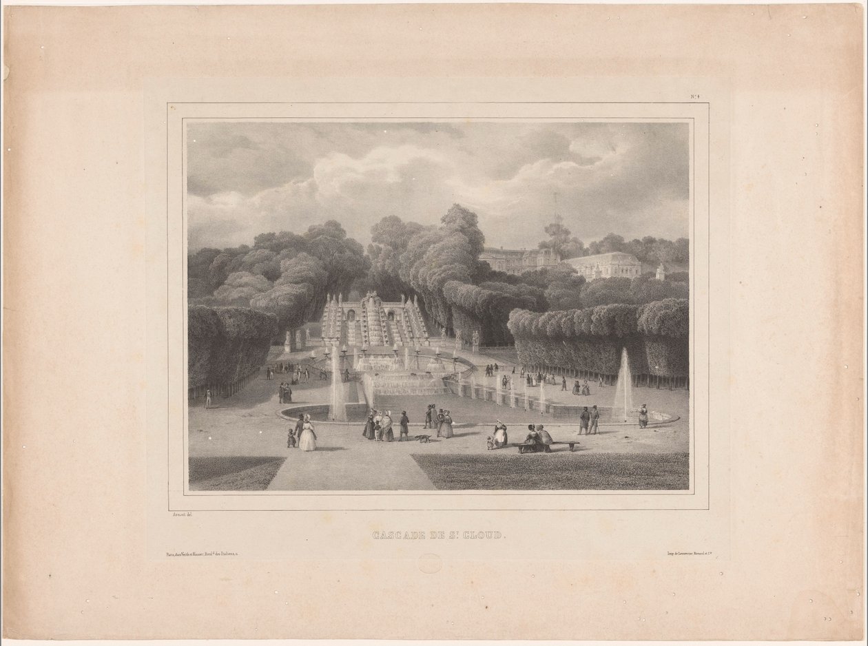Suihkulähde Château de Saint-Cloudissa Cascade de St. Cloud (otsikko esineessä) Upeat näkymät Pariisissa (sarjan nimi) tekijältä Jean Baptiste Arnout