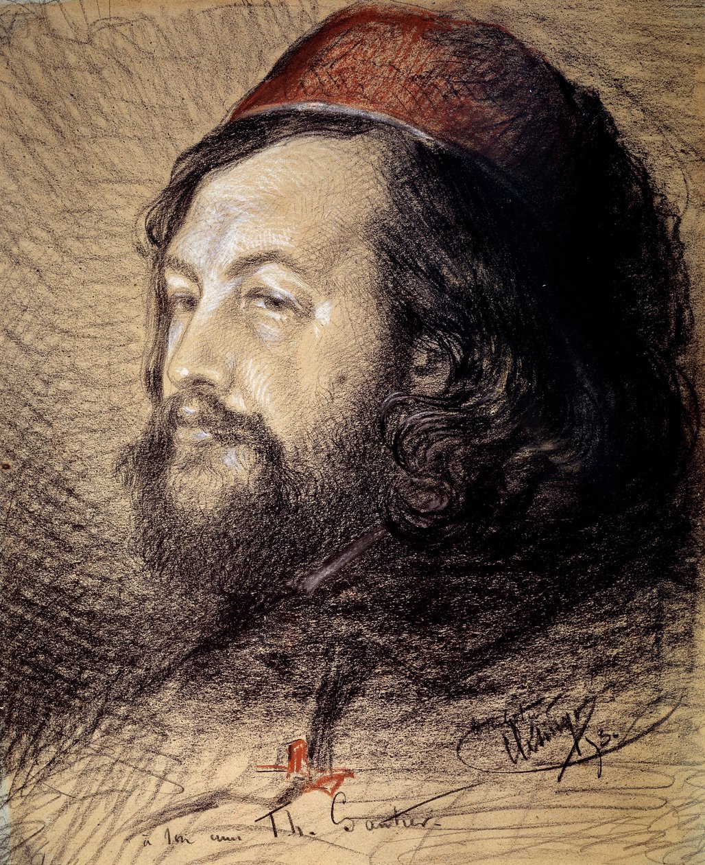 Theophile Gautierin (1811-1872) muotokuva Auguste Clesingerin (1814-1883) hiili- ja pastellipiirustus 1851 su. 0,77x0,65 m Versailles, musee du chateau tekijältä Jean Baptiste Auguste Clesinger