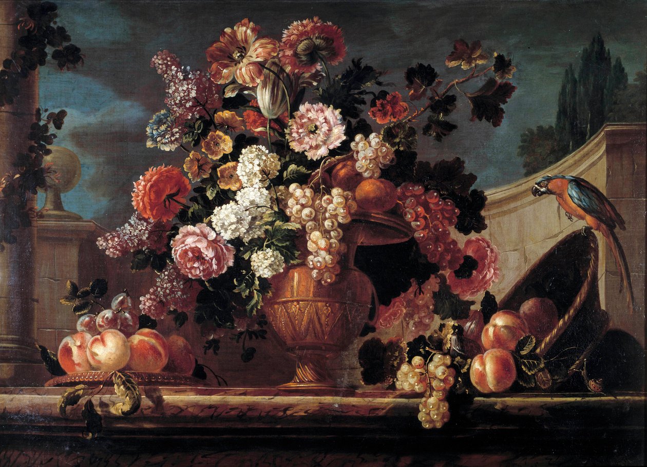 Kukat, hedelmät ja papukaijat Jean Blinin (tai Blainin tai Belinin) Fontenayn maalaus (1653-1715) 1700-luvun Orleans. Kuvataidemuseo tekijältä Jean Baptiste Belin de Fontenay