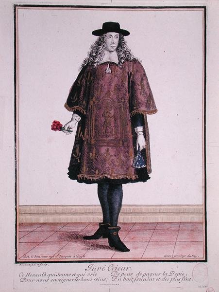 The Town Crier of Beaune, 1600-luvun loppu (värillinen kaiverrus) tekijältä Jean Baptiste Bonnart