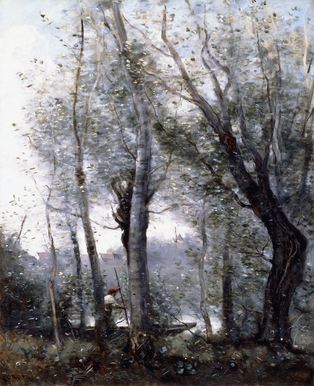 Proomu, joka kulkee rannalla puiden takaa, 1865-70 tekijältä Jean Baptiste Camille Corot