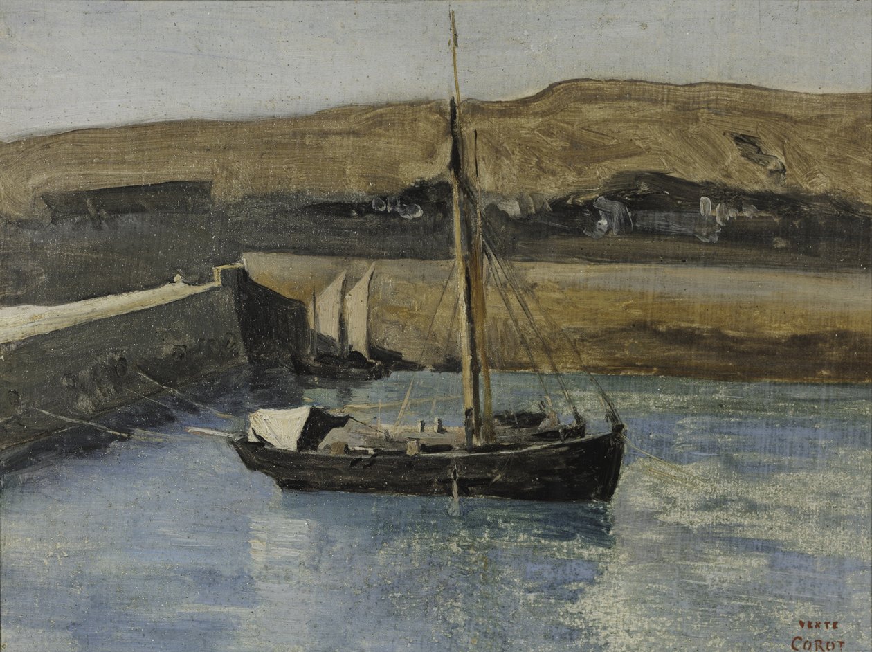 Kalastusvene, Honfleur, n. 1830 (öljy paperille) tekijältä Jean Baptiste Camille Corot