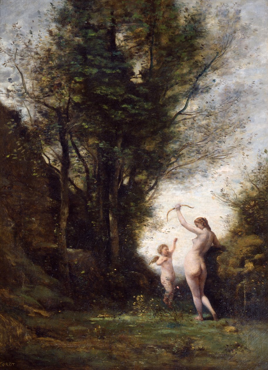 Nymfi leikkimässä Cupidon kanssa, 1857 tekijältä Jean Baptiste Camille Corot