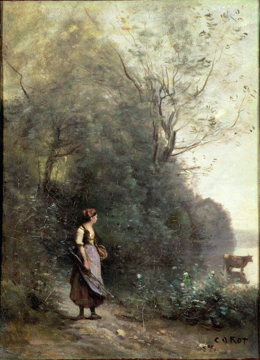 Talonpoikaisnainen laiduntamassa lehmää metsän reunalla, n.1865-70 tekijältä Jean Baptiste Camille Corot