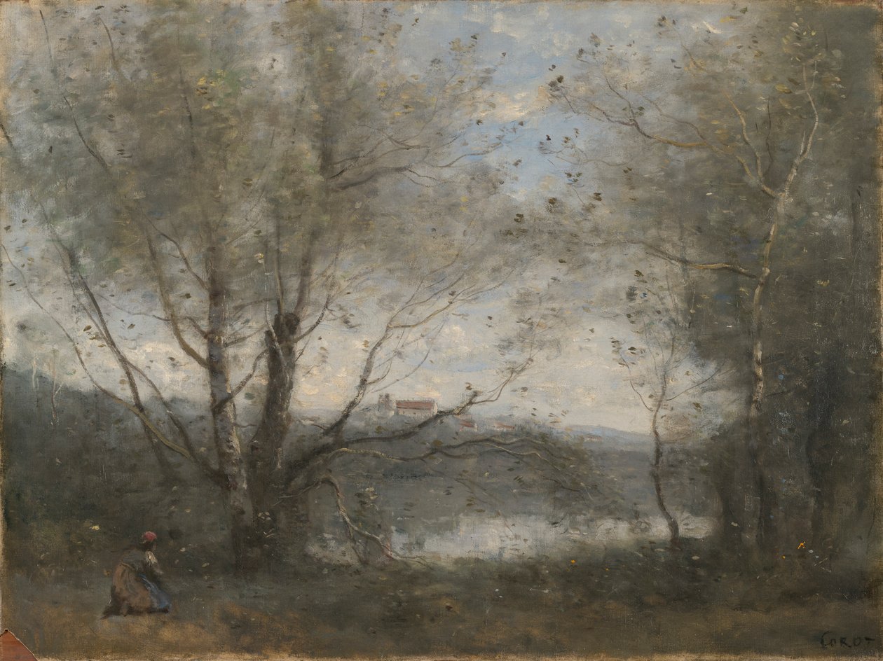 Lampi nähtynä puiden läpi tekijältä Jean Baptiste Camille Corot