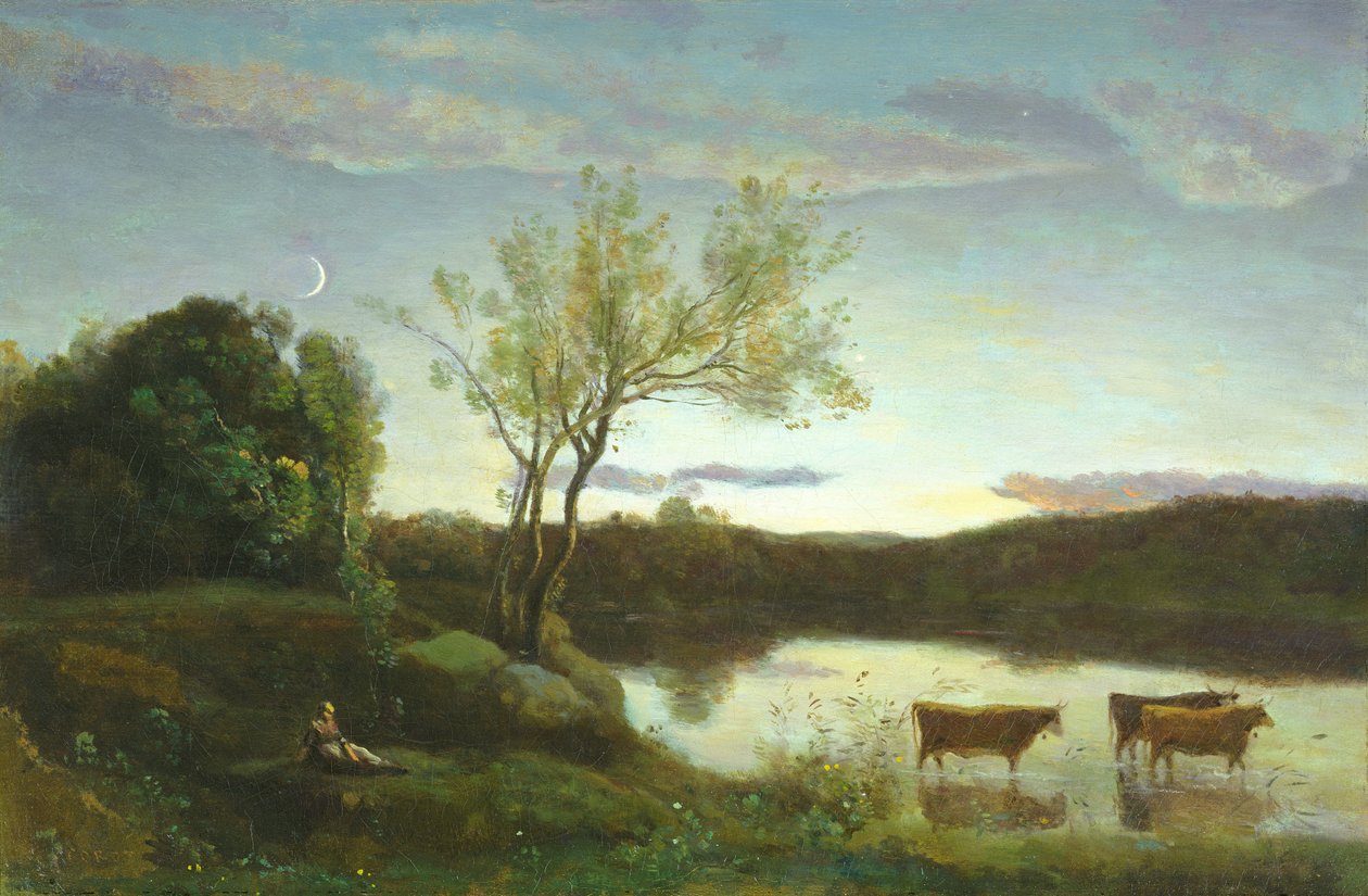 Lampi, jossa on kolme lehmää ja puolikuu, n. 1850 tekijältä Jean Baptiste Camille Corot