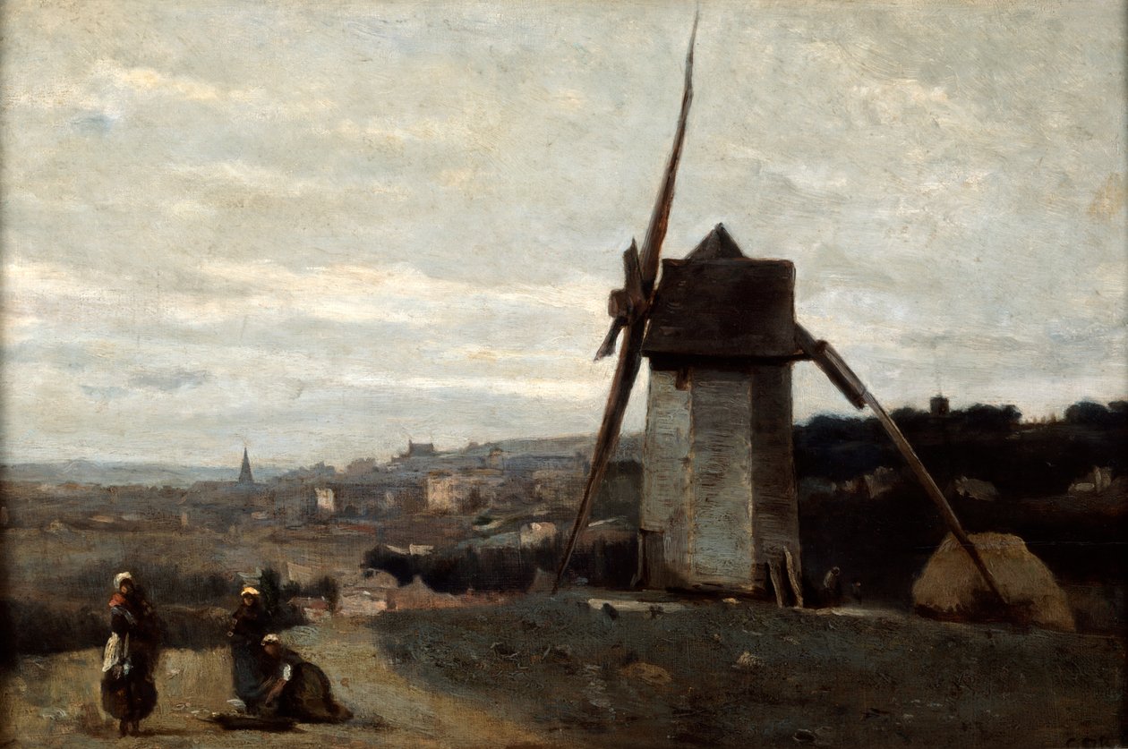 Tuulimylly, Etretat, 1800-luku. tekijältä Jean Baptiste Camille Corot