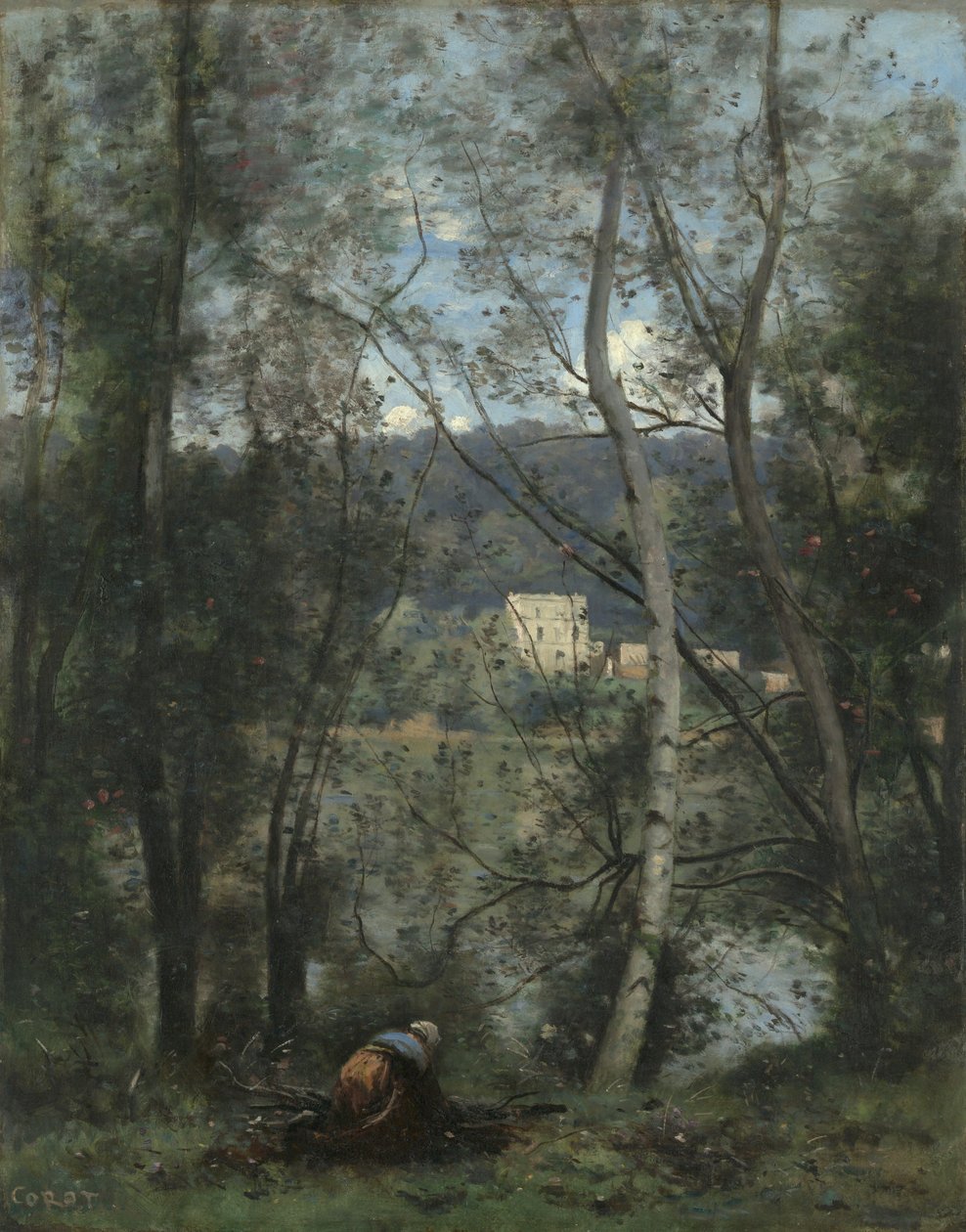 Nainen kokoamassa petoja Ville-dAvrayssa, n. 1871-74. tekijältä Jean Baptiste Camille Corot