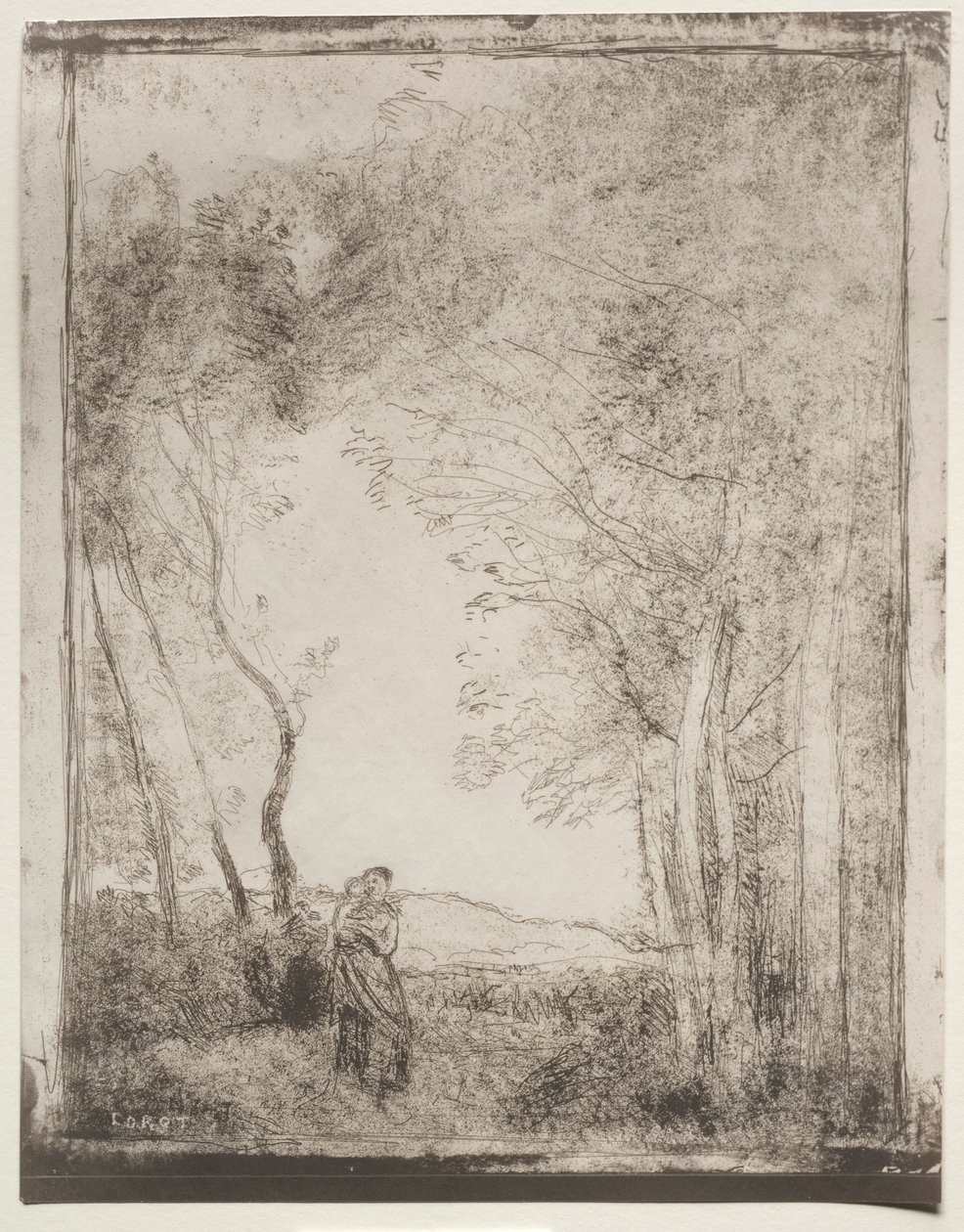 Nuori äiti puun sisäänkäynnissä, alkuperäinen jäljennös 1856, painettu 1921. tekijältä Jean Baptiste Camille Corot