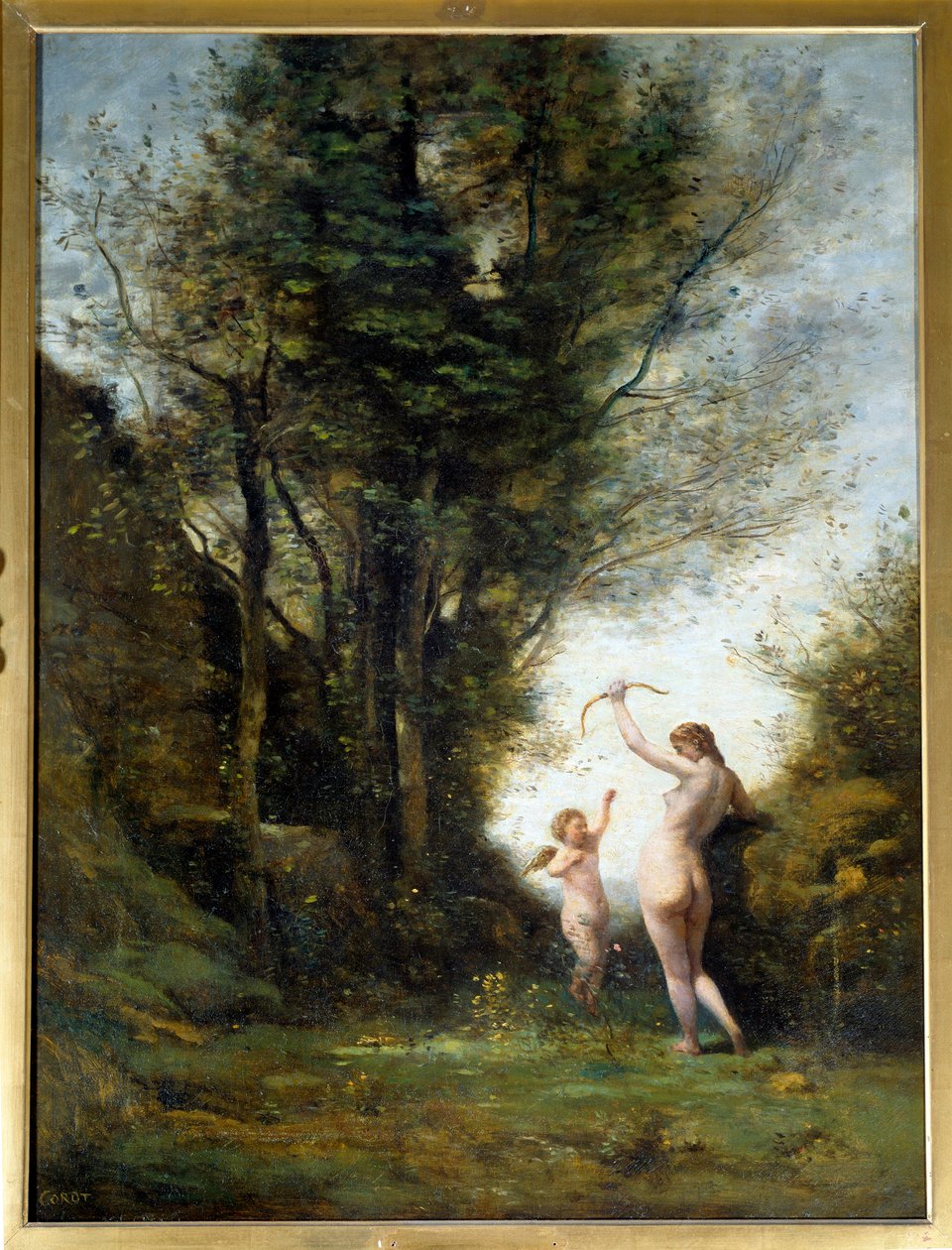 Nymfi leikkii rakkaudella. Camille Corotin (1796-1875) maalaus tekijältä Jean Baptiste Camille Corot