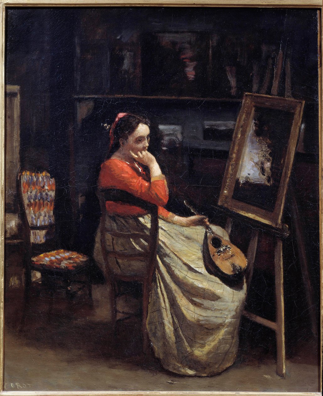 Mietteliäs nuori nainen, mandoliini kädessään, taidemaalarin työhuoneessa Camille Corotin maalaus (1796-1875) 1865 su. 0,56x0,46 m Pariisi, Musee d
