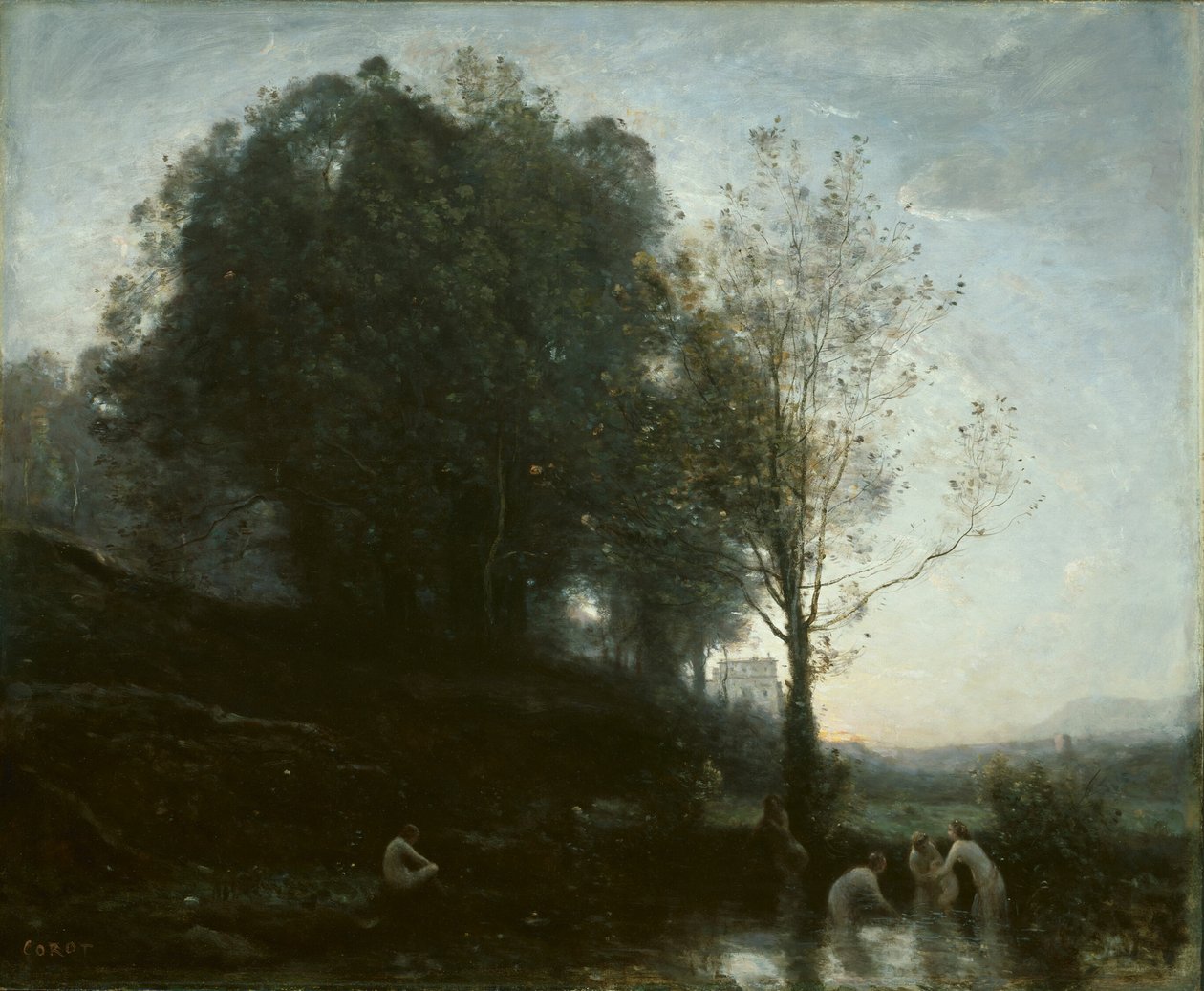 Kylpevät nymfit ja lapsi tekijältä Jean Baptiste Camille Corot