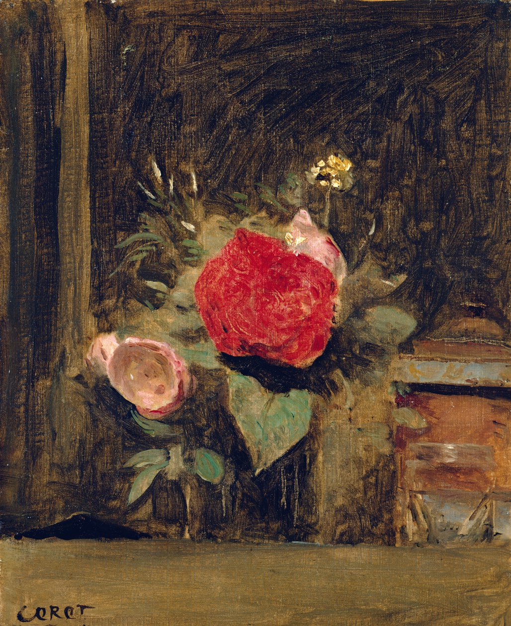 Kukkakimppu lasissa tupakkarukun vieressä, n. 1873-74 tekijältä Jean Baptiste Camille Corot