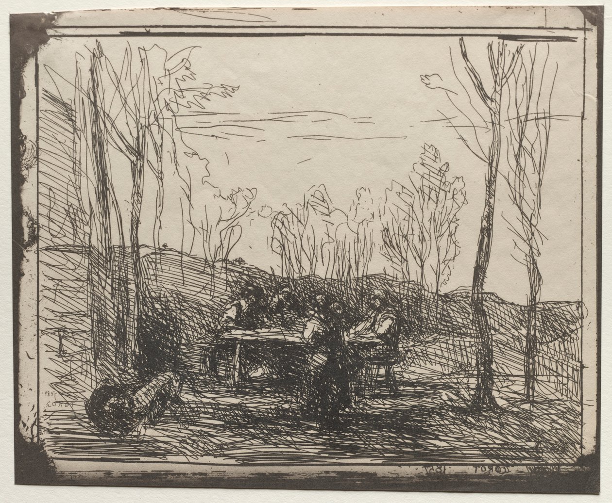 Aamiainen Gladessa, alkuperäinen jäljennös 1857, painettu 1921. tekijältä Jean Baptiste Camille Corot