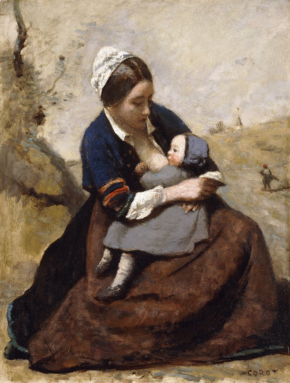Bretoni imettää lastaan; Bretoni imetti lastaan, 1855-1860 tekijältä Jean Baptiste Camille Corot