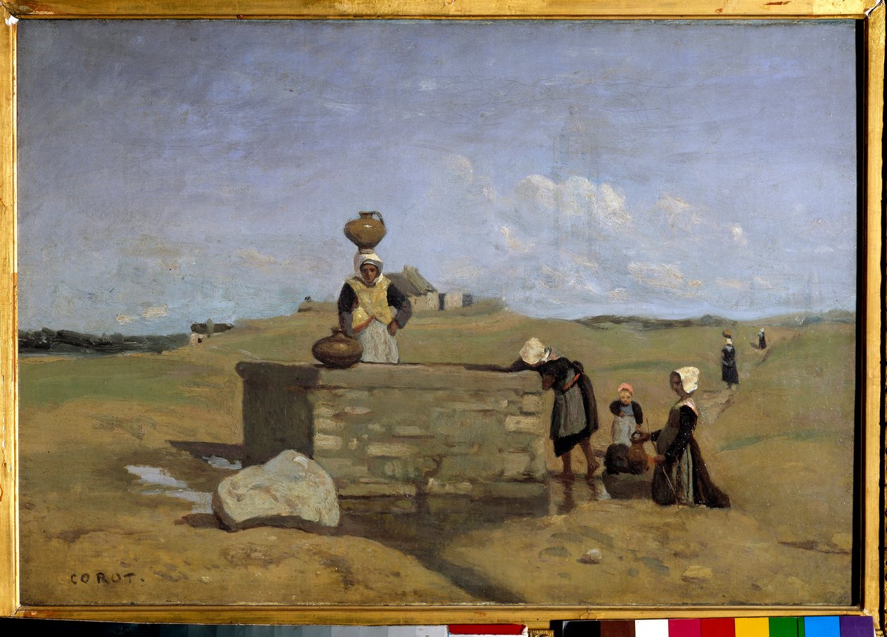 Bretonit suihkulähteellä, Batzin kylä Camille Corotin (1796-1875) maalaus 1800-luvun su. 0,38x0,55 m tekijältä Jean Baptiste Camille Corot