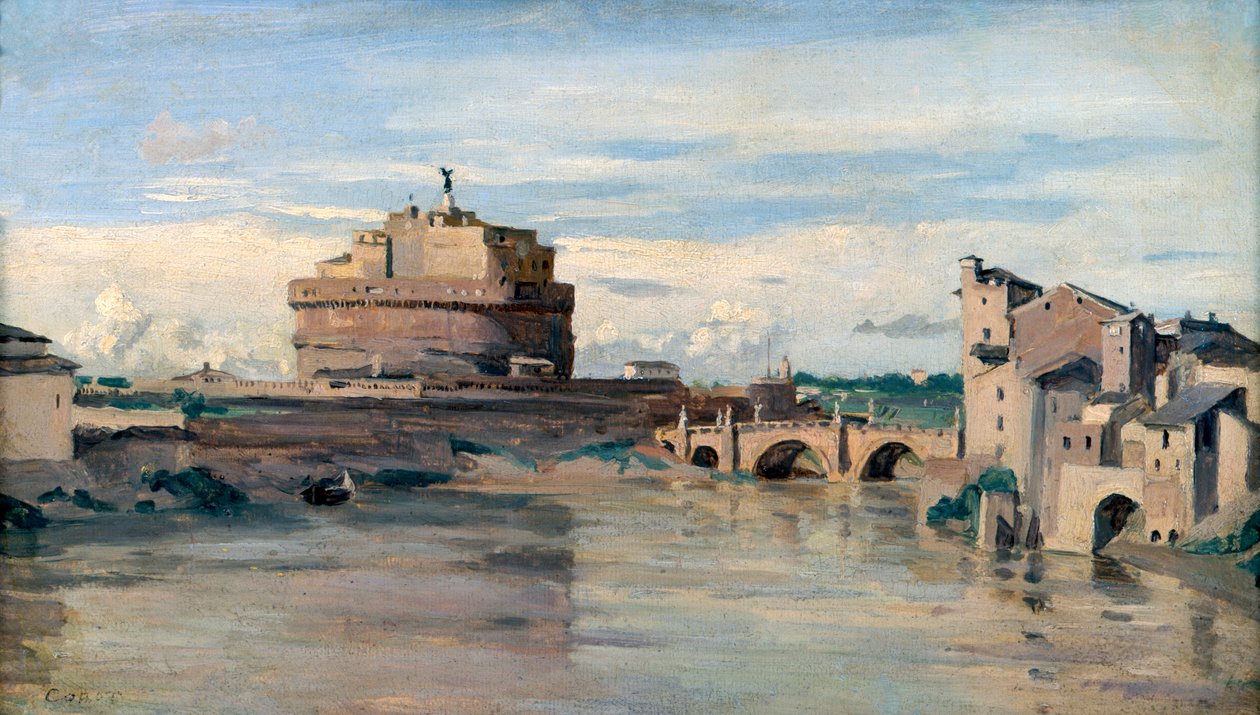 Castel Sant Angelo ja Tiber-joki, Rooma, c1816-1875 tekijältä Jean Baptiste Camille Corot