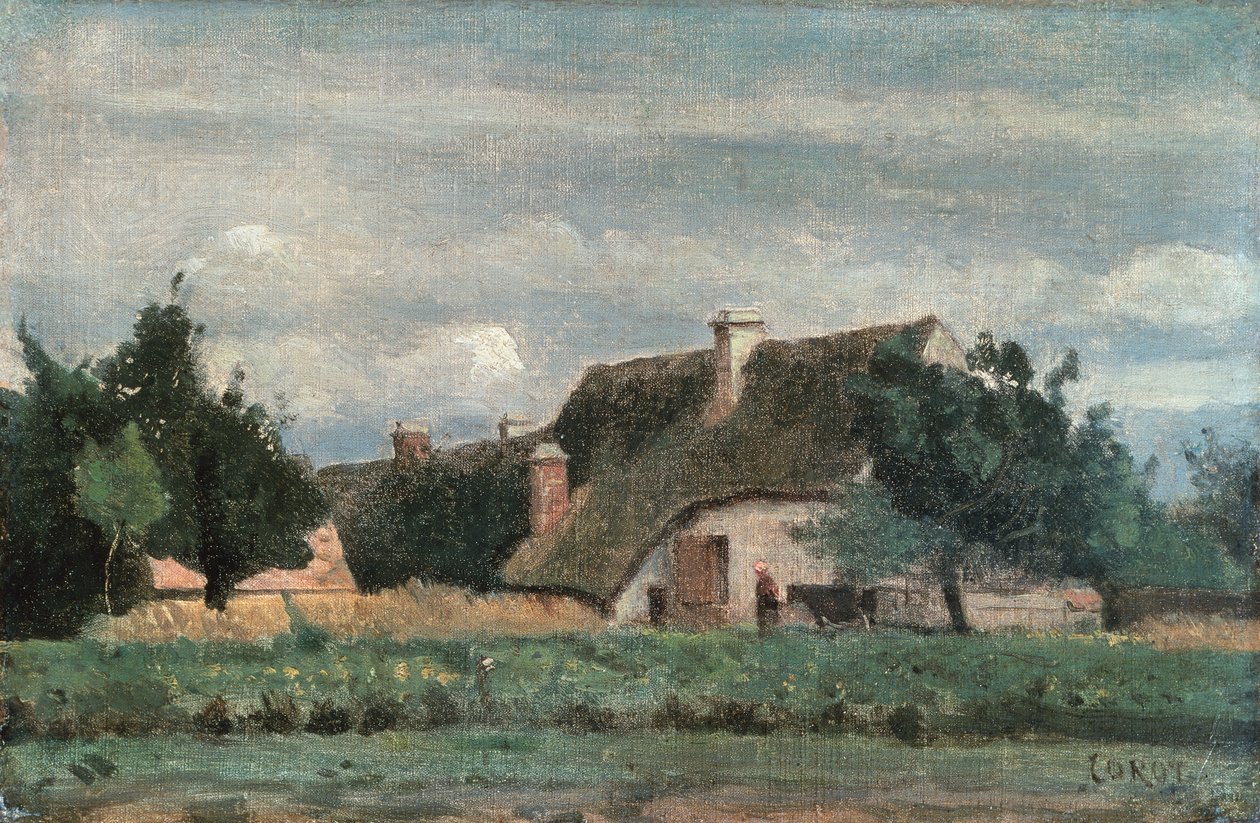 Country Scene, Nainen lehmän kanssa (öljy kankaalle) tekijältä Jean Baptiste Camille Corot