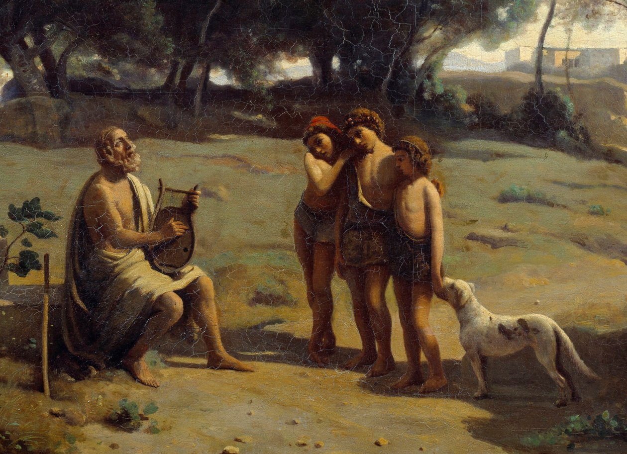 Yksityiskohta maalauksesta "" Homere ja paimenet"". Kreikkalainen runoilija Pathmosin saarella ja kolme nuorta poikaa. Camille Corotin (1796-1875) maalaus 1845 su. 0,8x1,3 m Saint Lo, Musee des Beaux Arts tekijältä Jean Baptiste Camille Corot