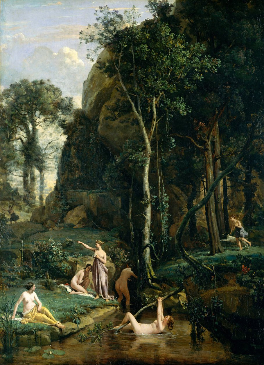 Actaeon yllättää jumalatar Artemiksen (Diana) kylvyssä seuralaisensa kanssa. tekijältä Jean Baptiste Camille Corot