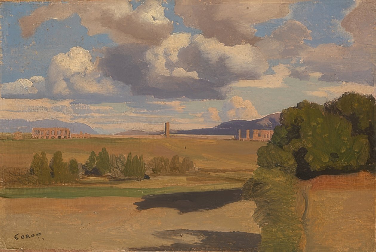Roomalainen Campagna Aqua Claudian kanssa. Varmaan 1826 tekijältä Jean Baptiste Camille Corot