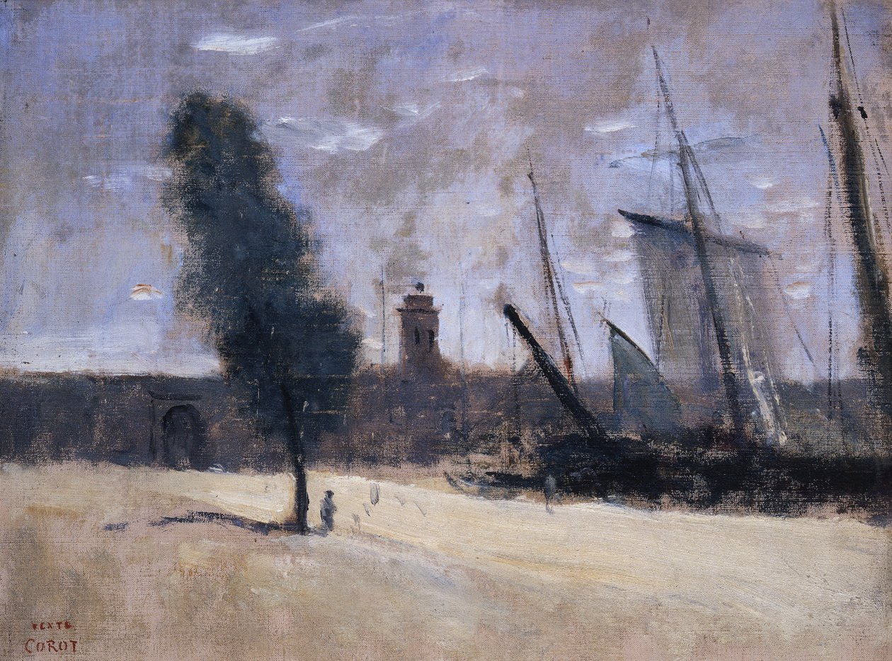 Dunkerque, vallit ja sisäänkäynti satamaan tekijältä Jean Baptiste Camille Corot