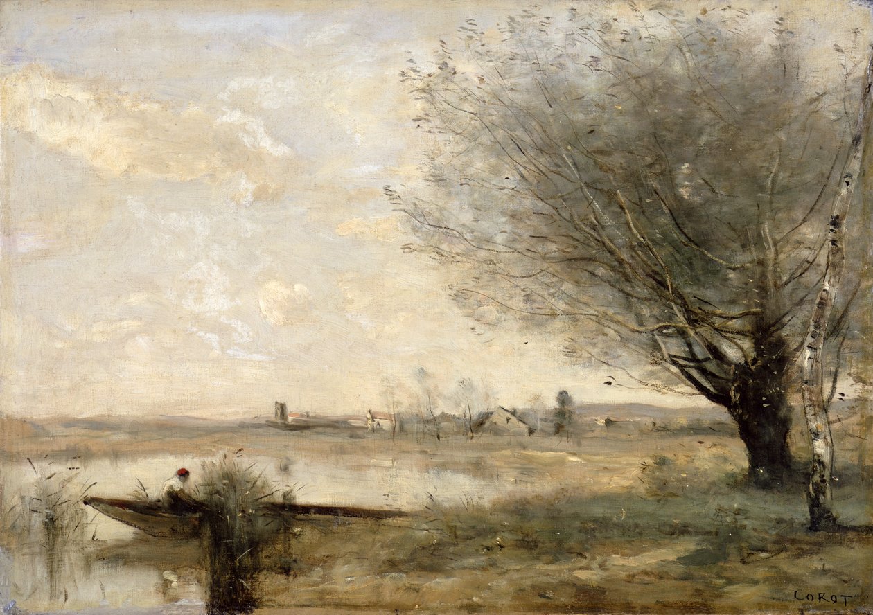 Kalastaja ankkuroituna pankkiin (öljy kankaalle) tekijältä Jean Baptiste Camille Corot