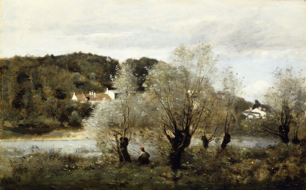 Kalastaja lammen reunalla Avaryn kylässä; Pecheur au Bord de L"Etang a Ville d"Avray, n. 1850-55 tekijältä Jean Baptiste Camille Corot