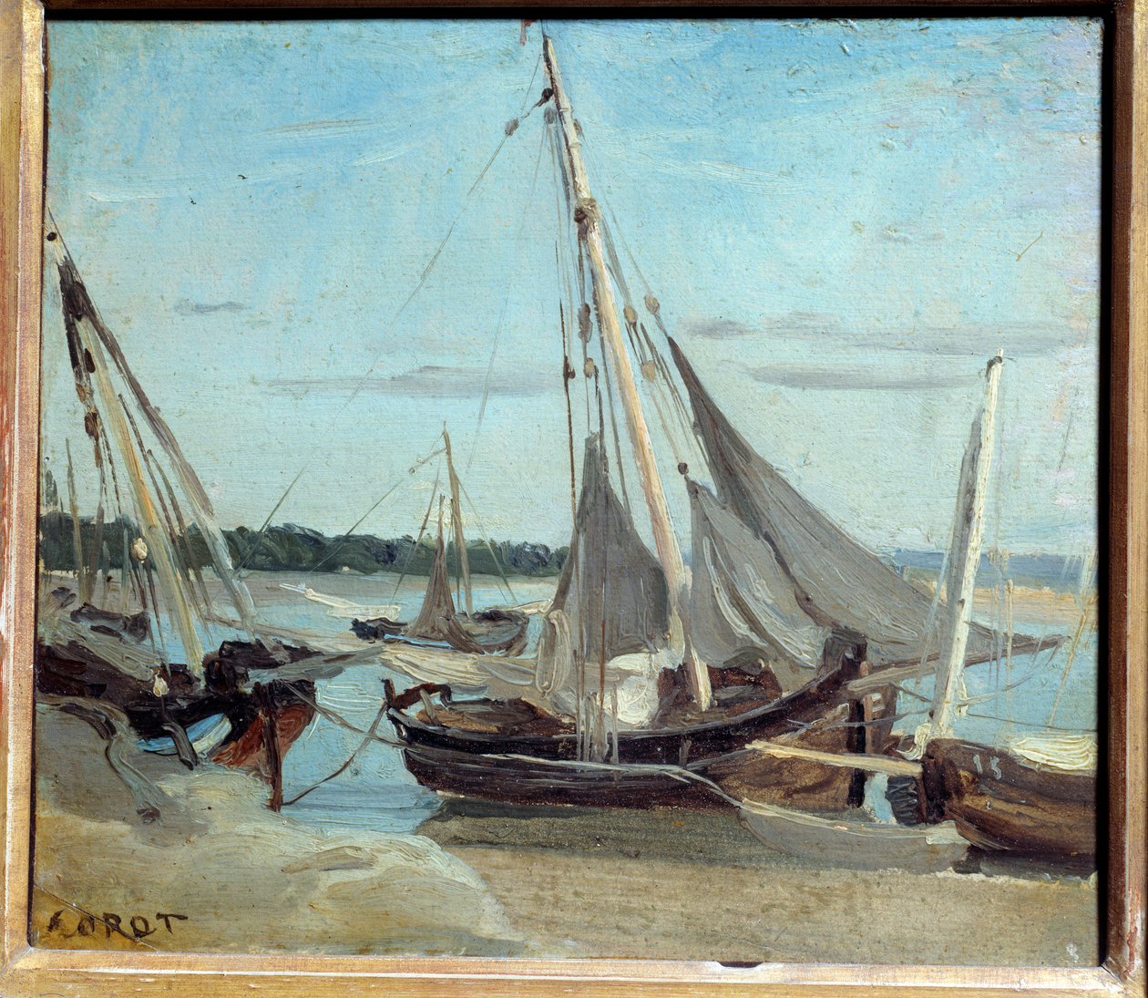 Kalastusveneet Trouvillen kanaalissa. Camille Corotin (1796-1875) maalaus tekijältä Jean Baptiste Camille Corot