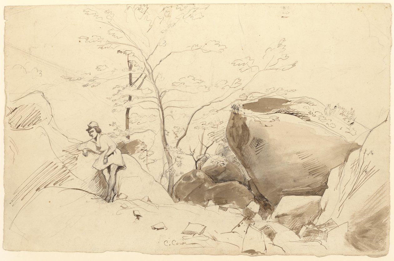 Fontainebleau, kalliota vasten nojaava hahmo tekijältä Jean Baptiste Camille Corot