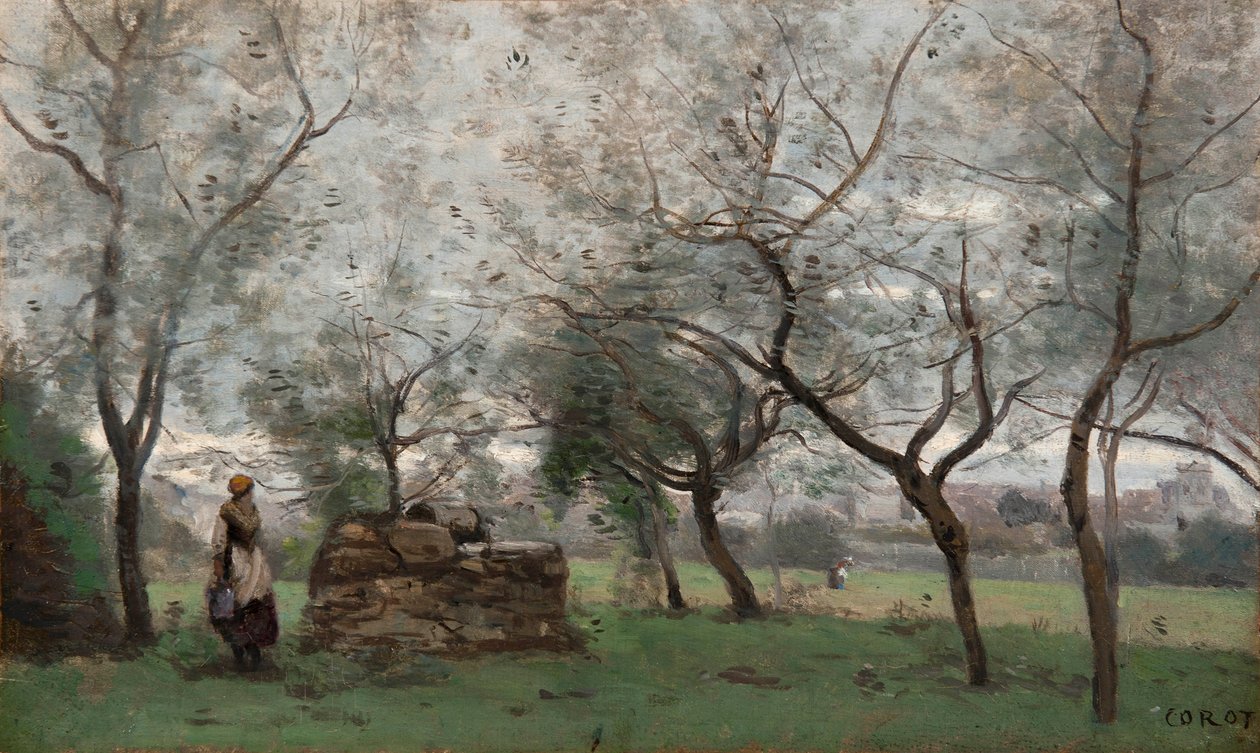 Ranska: Le verger, lähellä Mantesia tekijältä Jean Baptiste Camille Corot