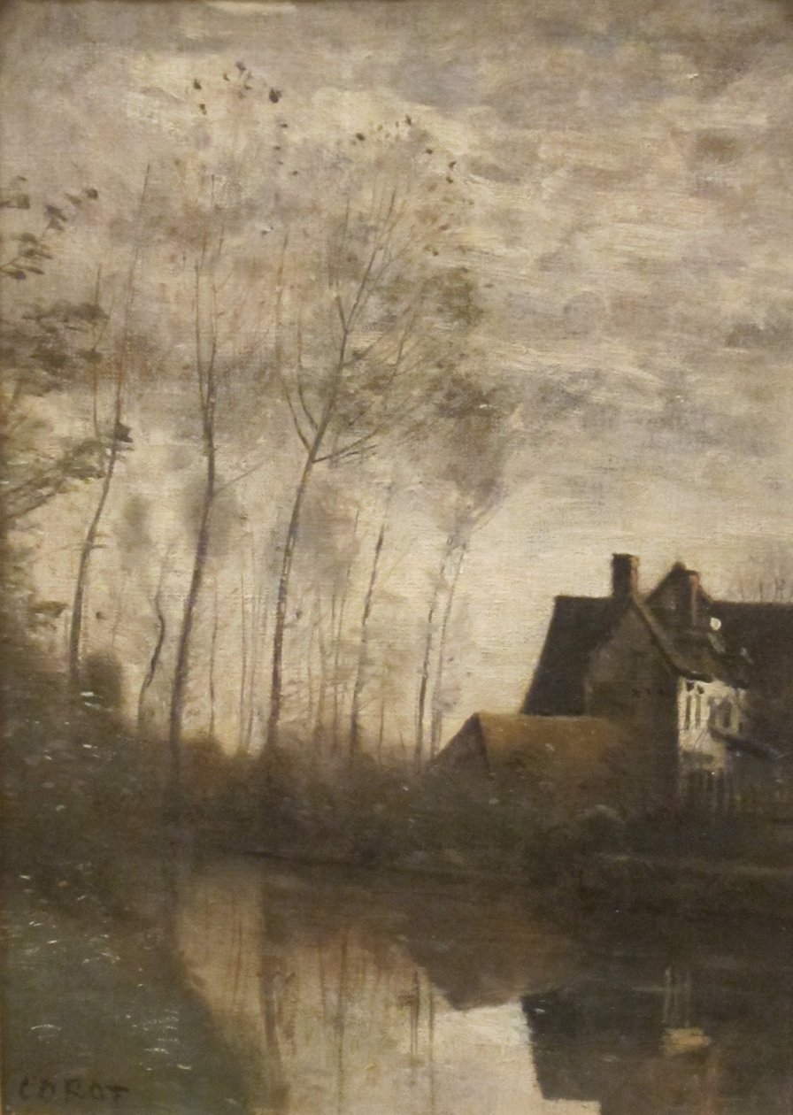 Ranskan kieli: Scène de rivière avec maisons et peupliers Jokimaisema, jossa on taloja ja poppeleita. tekijältä Jean Baptiste Camille Corot