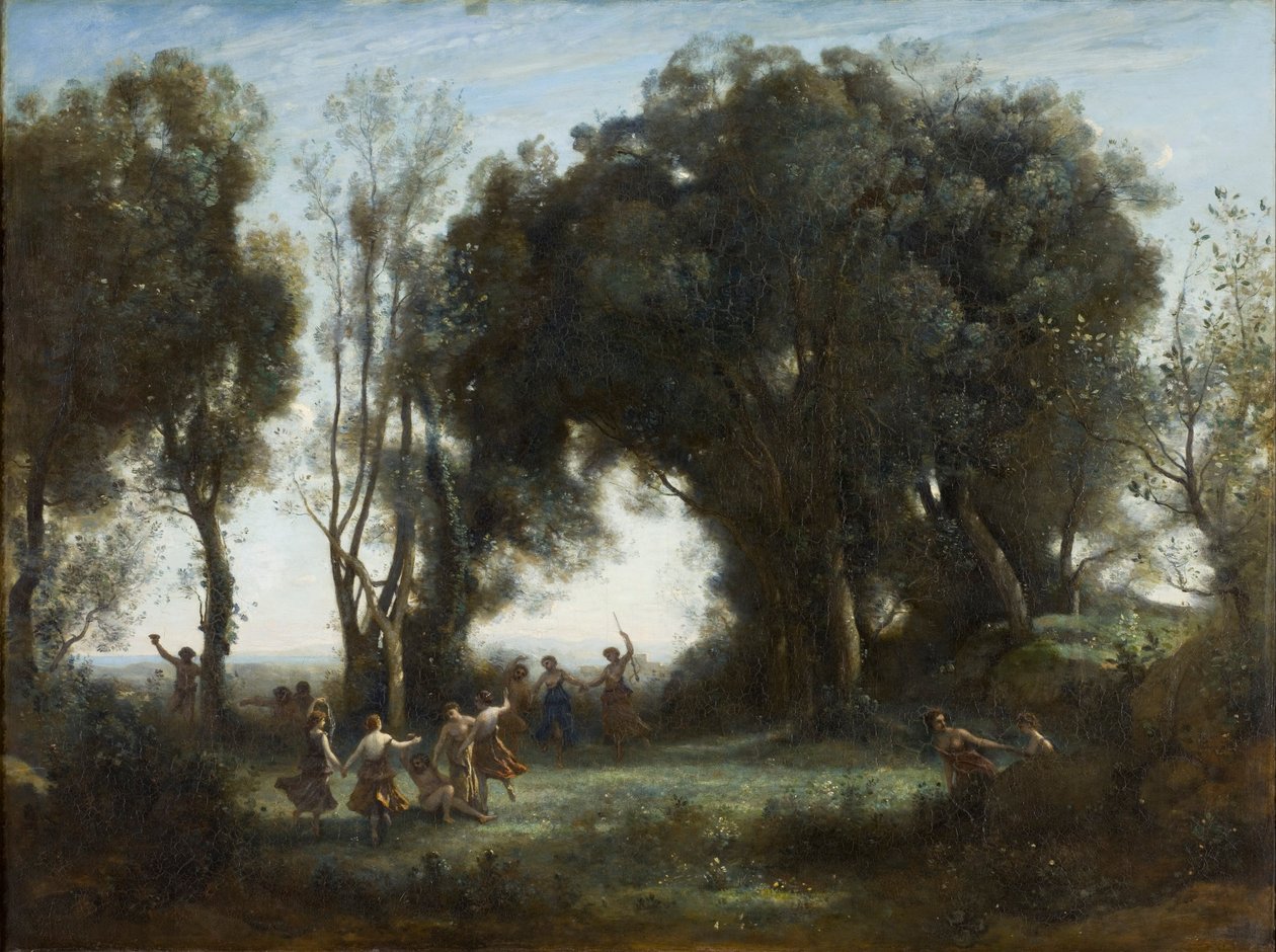 Ranskalainen:  Aamupäivä: Une matinée, la danse des nymphes. Nymfien tanssi tekijältä Jean Baptiste Camille Corot