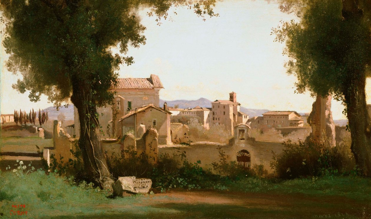 Ranskalainen:  Vue depuis les Jardins Farnèse Näkymä Farnesen puutarhasta, Rooma. tekijältä Jean Baptiste Camille Corot