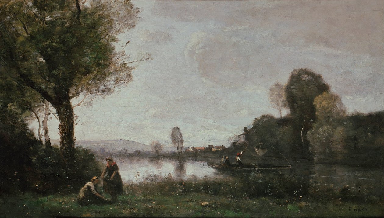 Saksa: Flußlandschaft (Die Seine bei Chatou) Seinen maisema Chatoun lähellä. tekijältä Jean Baptiste Camille Corot