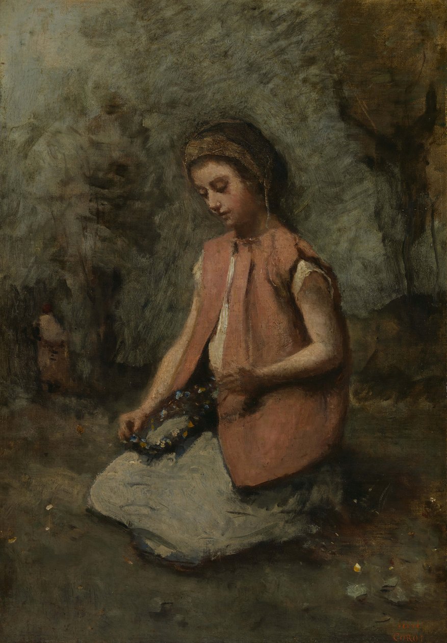 Tyttö kutomassa seppelettä, 1860-65. tekijältä Jean Baptiste Camille Corot