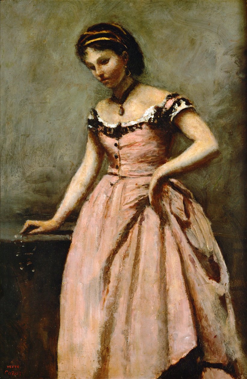 Tyttö vaaleanpunaisessa mekossa, jossa ruusuja ja helmi ... tekijältä Jean Baptiste Camille Corot